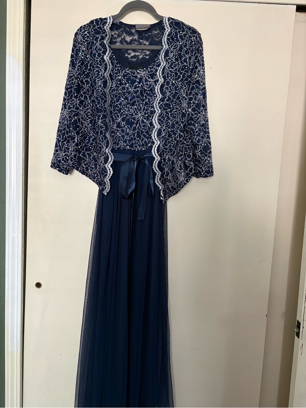 Navy Lace Overlay Evening Dress with Satin Tie